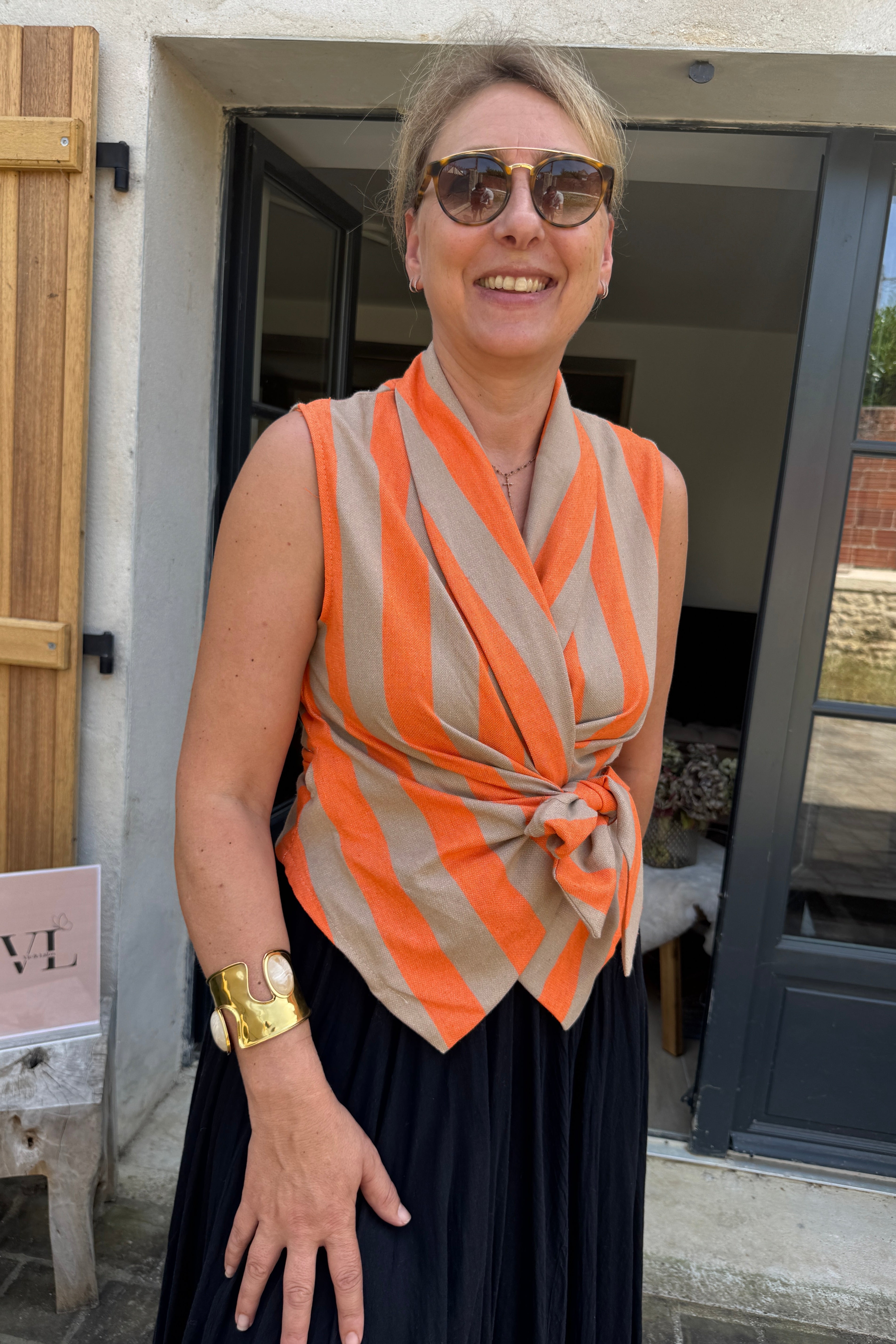 Gilet sans manches croisé nœud rayures orange beige lin coton – KAREN Vic & Lalou