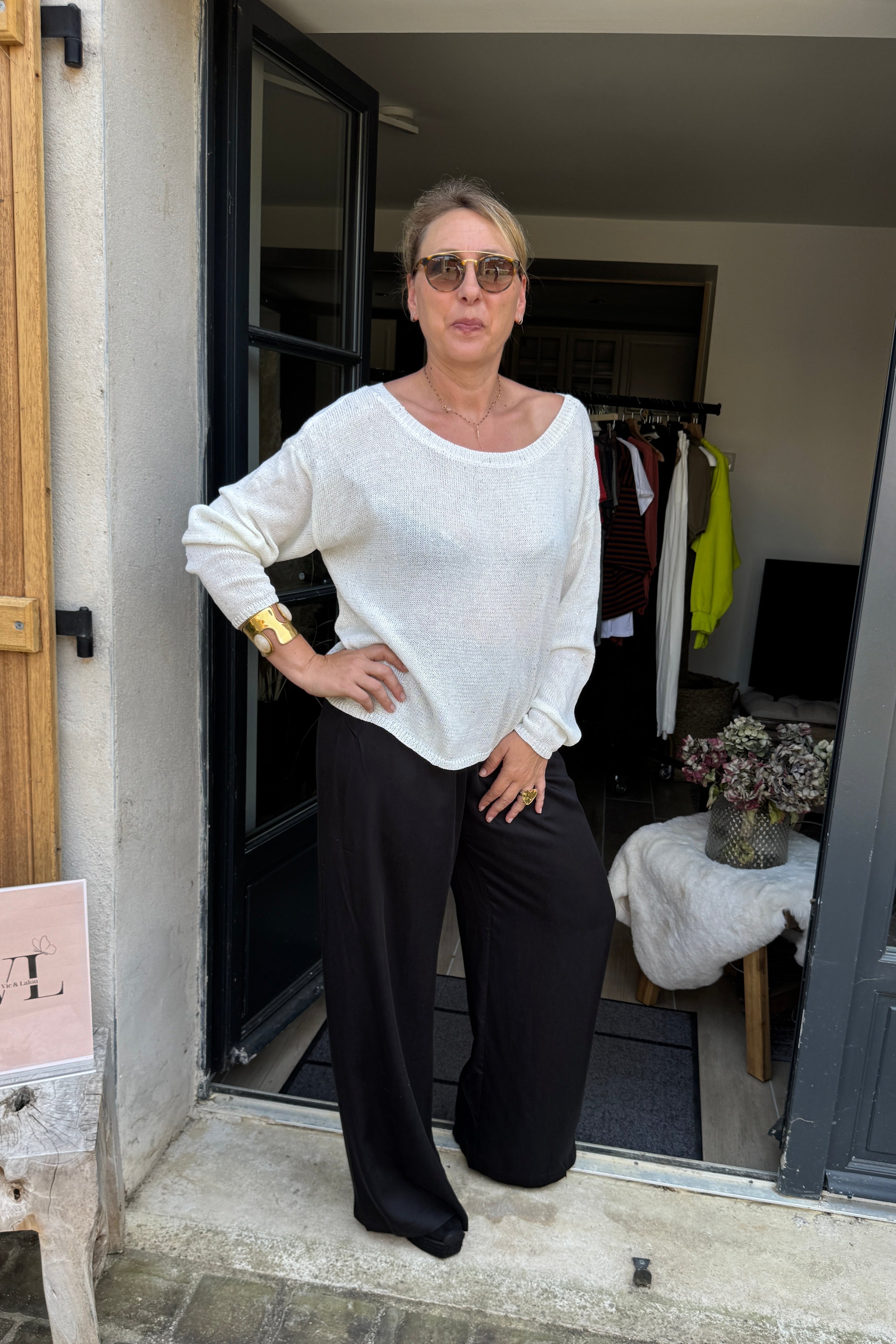 Pull blanc paillettes col bateau tombant coupe courte femme – JASPER Vic & Lalou