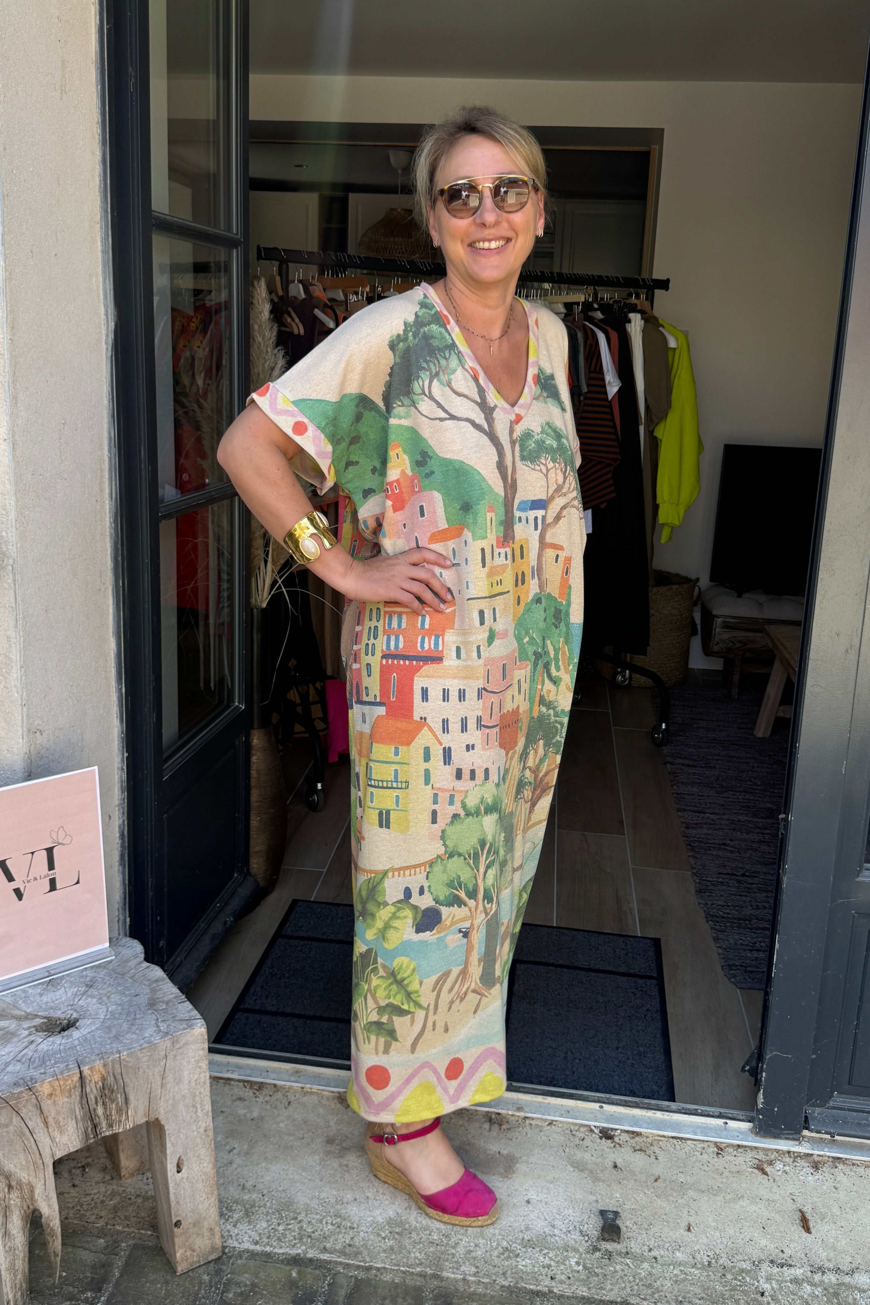 Robe longue maxi imprimé villages italiens citronniers col V fluide – DOLCE Vic & Lalou
