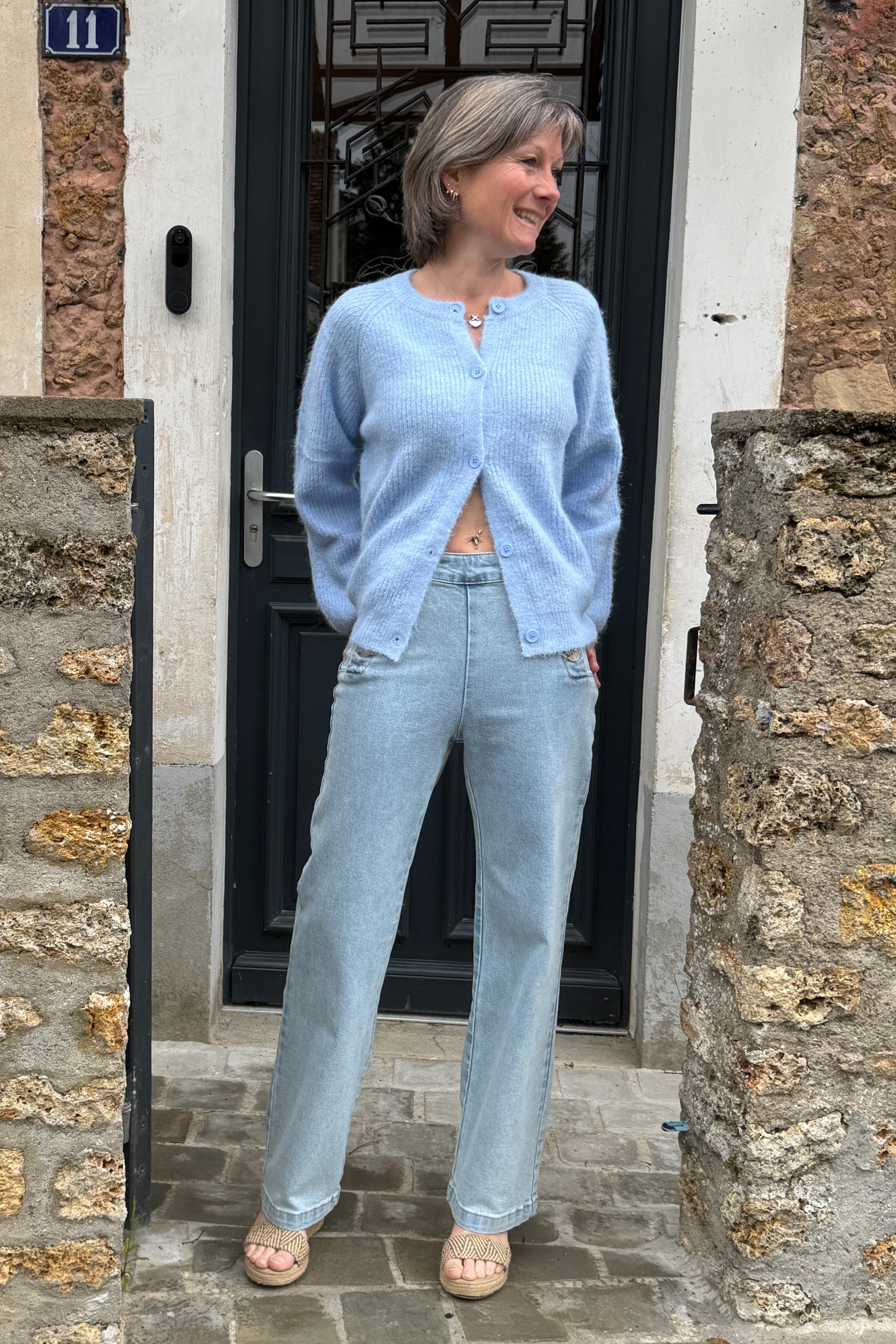gilet bleu femme maille douce look chic decontracte