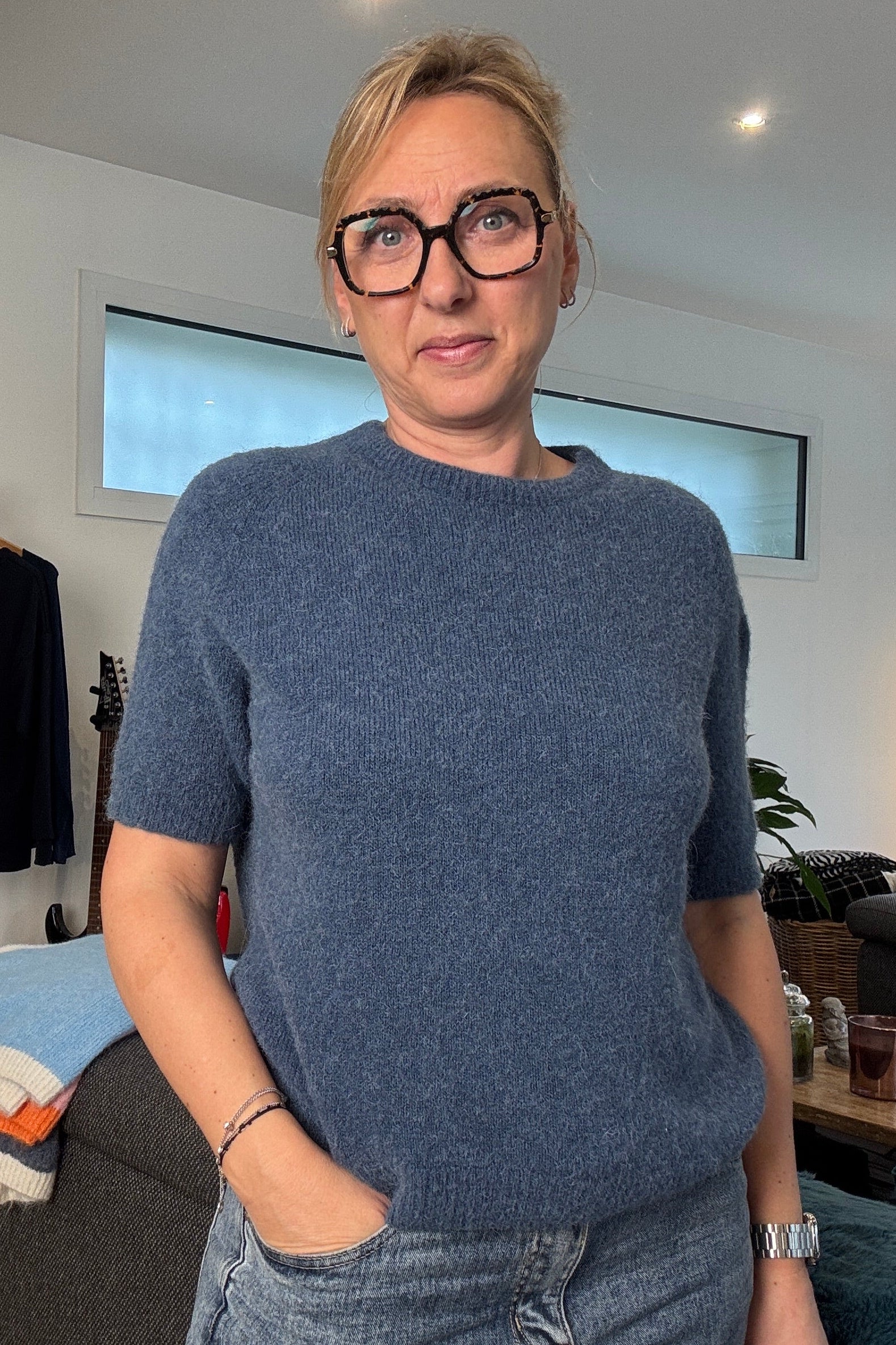 pull manche courte bleu