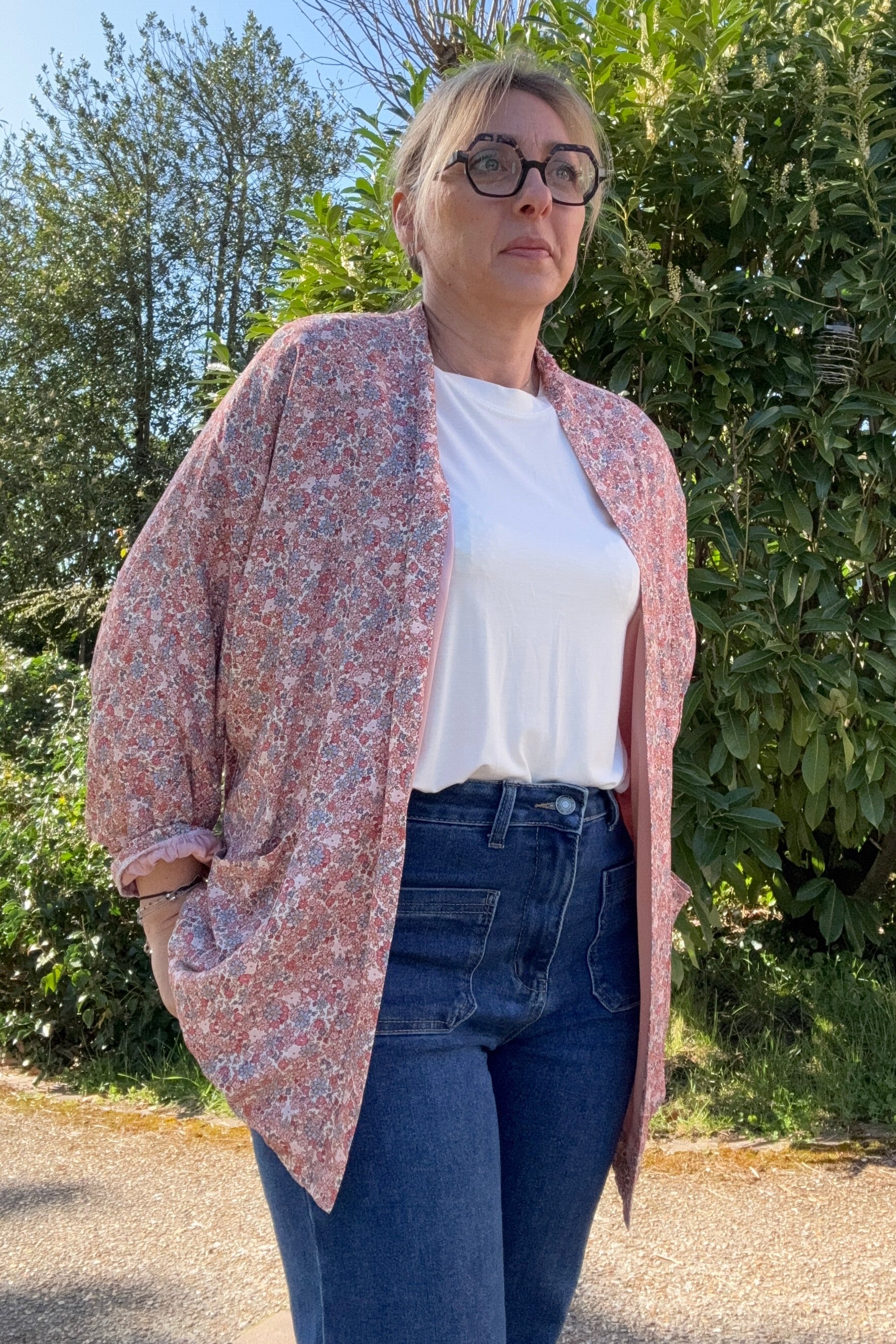 veste kimono fleurie rose 